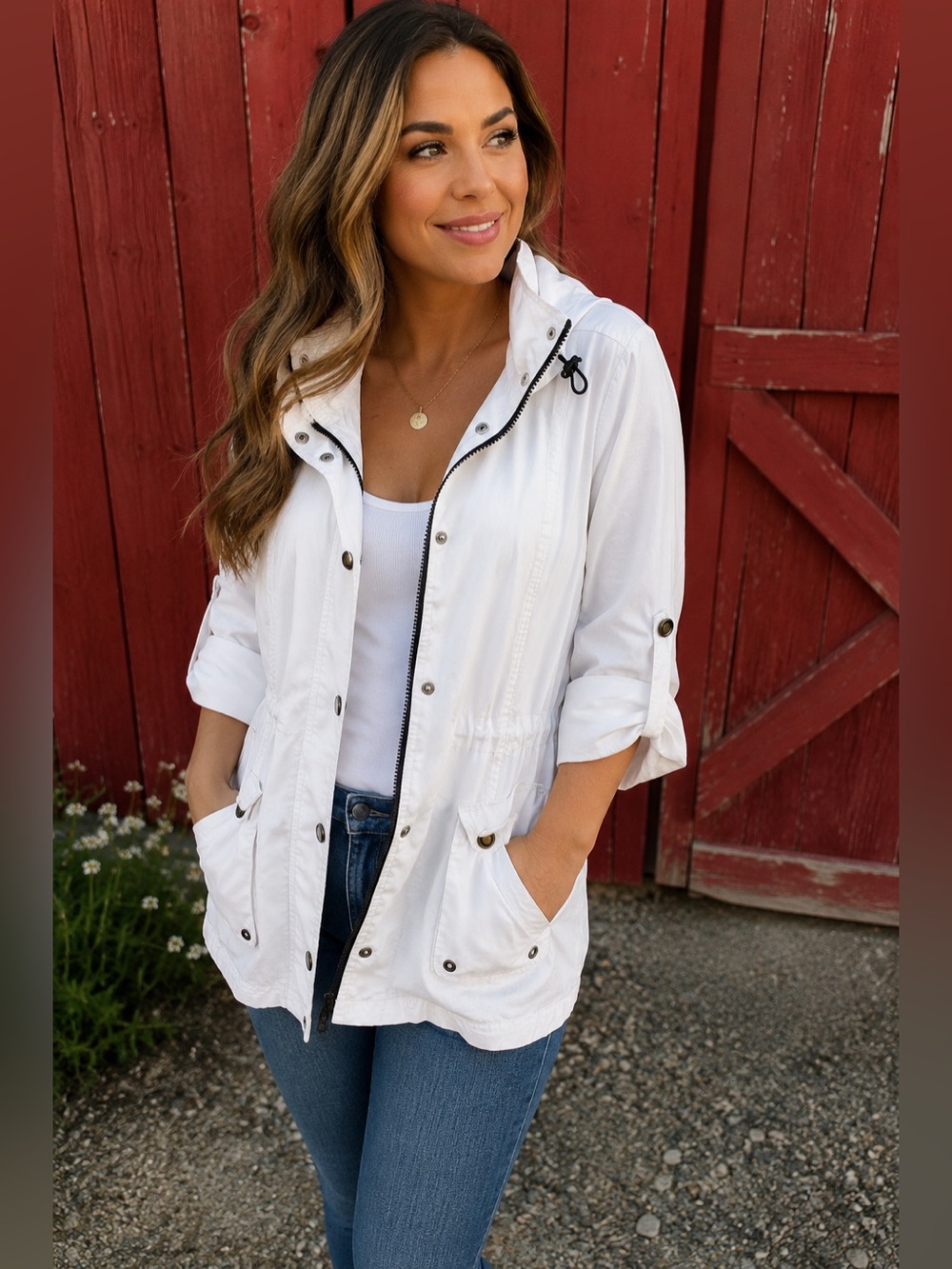 Style & Co Sport White Hooded Anorak Utility Jacket Roll Tab Sleeve M